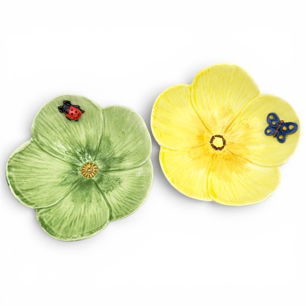 Vtg Italian Majolica Flower Bowls Pair Hand Painted Italy 3D Butterfly Ladybug